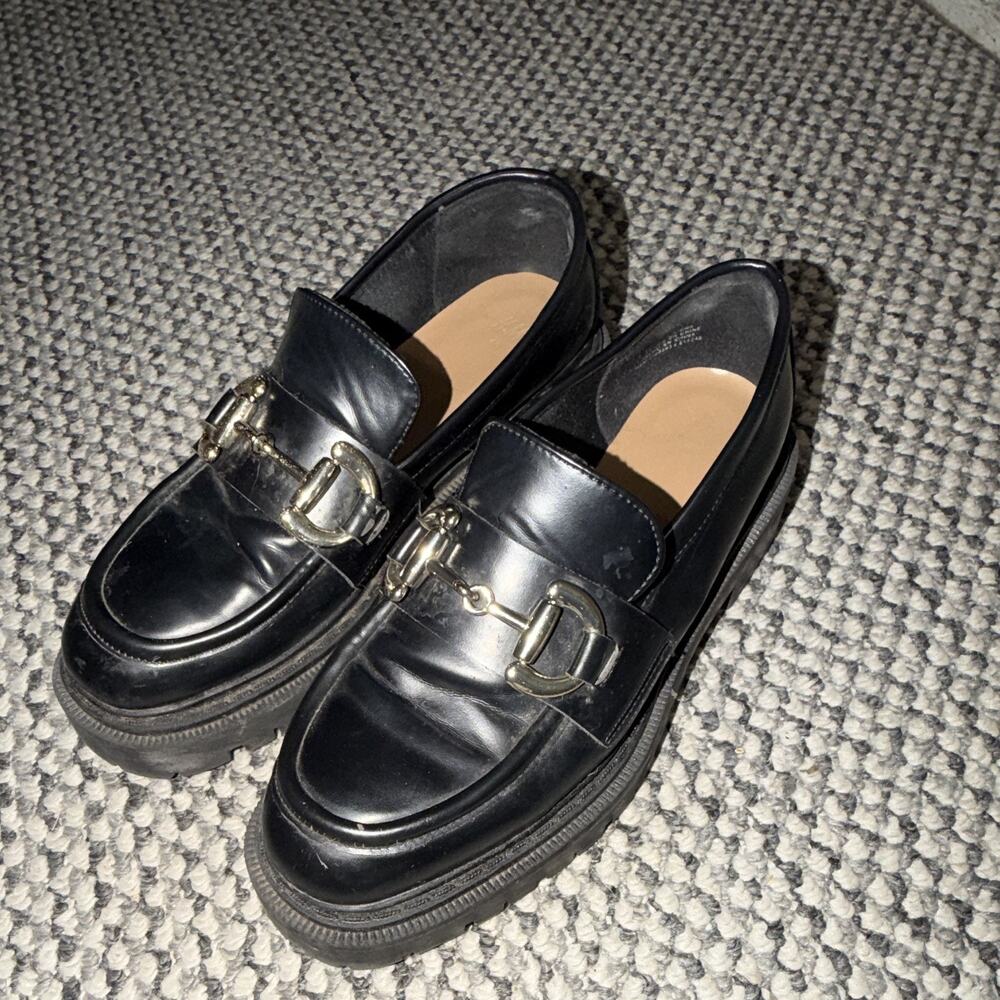 H&M Women's Black Faux Leather Slip-On Loafer Flats Buckle EU 40 US 9